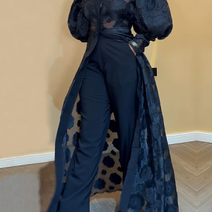Elegant Puff Sleeve Crew Neck Dressy Floral Long Shirt, Blouses and Shirts, color:Black|size:XXL, Stylewe