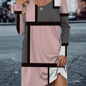 Women Geometric Crew Neck Long Sleeve Comfy Casual Buckle Mini Dress, Midi, color:Pink|size:5XL, catalog Noracora shop