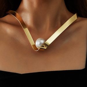 Faux Pearl V-Neck Collar Necklace, Necklaces, color:Golden|size:One-size, Stylewe