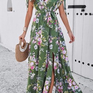 Women Floral V Neck Short Sleeve Comfy Casual Maxi Dress, Maxi, color:Green|size:XL, catalog Noracora shop