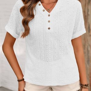 V Neck Short Sleeve Plain Buckle Regular Loose Shirt For Women, Blouses, color:White|size:XXL, catalog Noracora shop