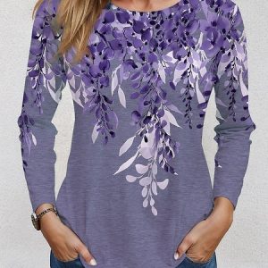 Knitted Loose Leaf Casual T-Shirt, Long sleeves, Lilicloth.com