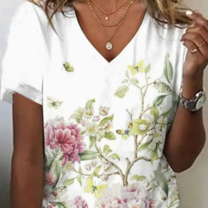 V Neck Knitted Casual Floral T-Shirt, T-shirts, Lilicloth.com