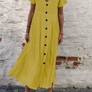 Cotton Plain V Neck Casual Boho Dress, Maxi, color:Yellow|size:3XL, catalog Noracora shop