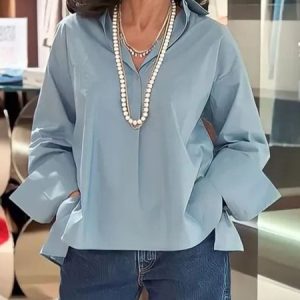 Urban Loose Side-Slit Long Sleeves Shirt, Blouses and Shirts, color:Blue|size:XXL, Stylewe
