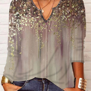 Casual Random Print Notched Long Sleeve T-shirt, T-shirts, color:As Picture|size:3XL, catalog Noracora shop