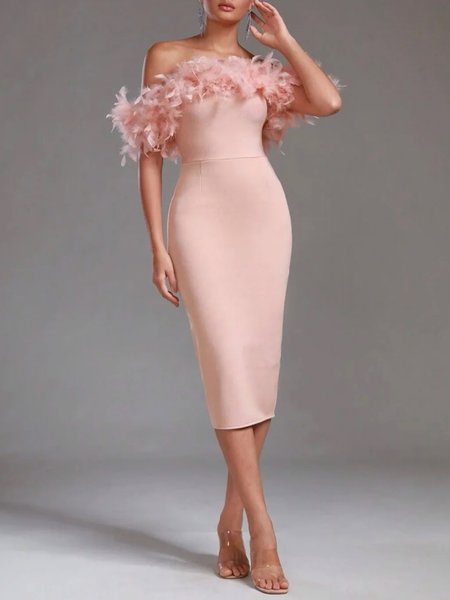 Tight Elegant Cold Shoulder Party Dress, Midi Dresses, color:Nudepink|size:XXL, Stylewe