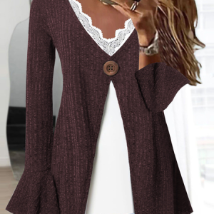V Neck Three Quarter Sleeve Plain Regular Regular Fit Blouse For Women, Blouses, color:Coffee|size:XXL, catalog Noracora shop