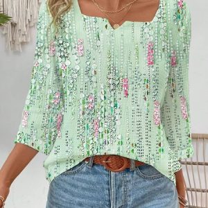 Notched Three Quarter Sleeve Geometric Regular Loose Blouse For Women, Blouses, color:Green|size:XXL, catalog Noracora shop