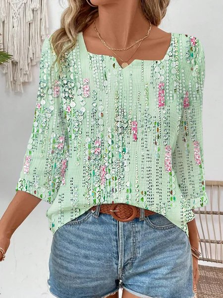 Women's Three Quarter Sleeve Blouse Spring/Fall Geometric Notched Daily Going Out Casual Top Green, JustFashionNow Blouses, color:Green|size:XXL,
