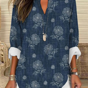 V Neck Long Sleeve Floral Regular Loose Shirt For Women, Blouses, color:Blue|size:XXL, catalog Noracora shop