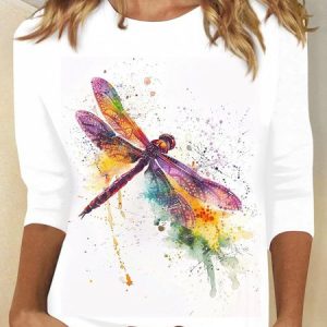 Casual Dragonfly Crew Neck Long Sleeve T-shirt, T-shirts, color:White|size:XXL, catalog Noracora shop