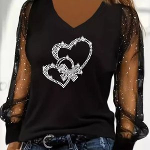 Casual Heart/Cordate V Neck Long Sleeve T-shirt, T-shirts, color:Color2|size:5XL, catalog Noracora shop