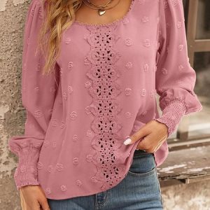 Crew Neck Long Sleeve Plain Lace Regular Loose Blouse For Women, Blouses, color:Pink|size:XL, catalog Noracora shop