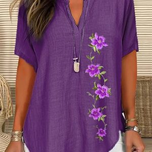 Notched Short Sleeve Floral Embroidery Lightweight Loose Blouse For Women, Blouses, color:Purple|size:XXL, catalog Noracora shop