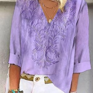 V Neck Half Sleeve Plain Embroidery Regular Loose Blouse For Women, Blouses, color:Purple|size:XXL, catalog Noracora shop