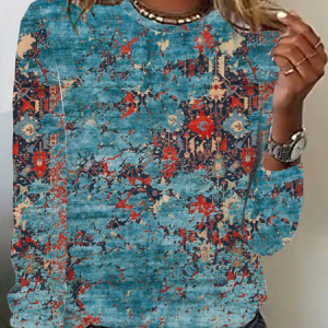 Casual Geometric Crew Neck Long Sleeve T-shirt, T-shirts, color:Blue|size:XXL, catalog Noracora shop