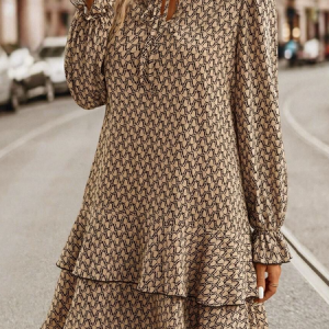 Women Geometric Long Sleeve Comfy Casual Midi Dress, Dresses, color:Khaki|size:XXL, catalog Noracora shop