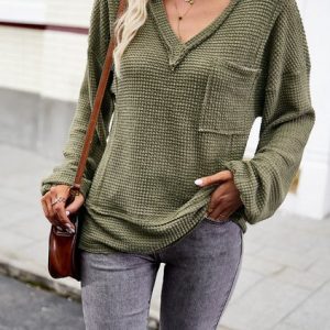 V Neck Long Sleeve Plain Lace Regular Regular Fit Blouse For Women, Blouses, color:Army Green|size:XL, catalog Noracora shop