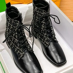 Women Tweed Plaid Fashion Square Toe Boots, Boots, color:Black|size:43, Stylewe
