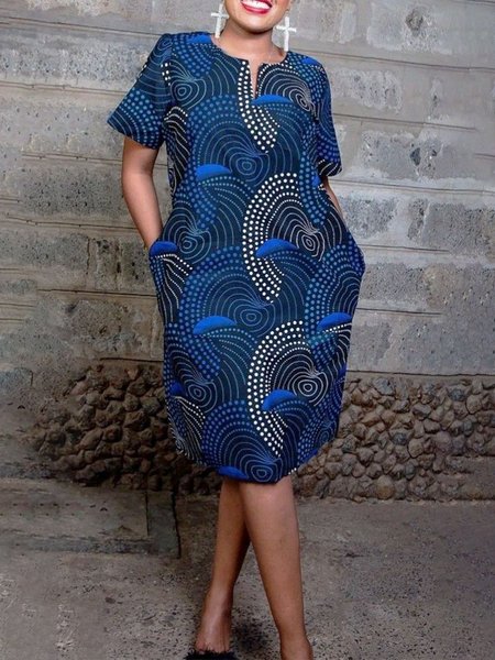 Casual V Neck Shift Dress With Pockets, Midi Dresses, color:Blue|size:XXL, Stylewe
