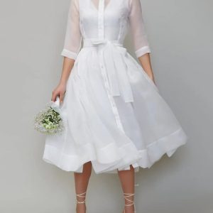 Elegant Shawl Collar Regular Fit Dress With Belt, Midi Dresses, color:White|size:XXL, Stylewe