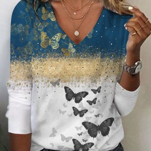 Women's Long Sleeve Tee T-shirt Spring/Fall Butterfly Jersey V Neck Daily Going Out Casual Top Blue, JustFashionNow T-Shirts, color:Blue|size:XXL,