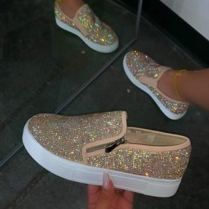 Casual Plain Zipper Flat Heel Slip On Rhinestone, Women shoes, color:Beige|size:43, catalog Noracora shop