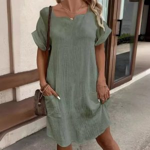 Women Plain Crew Neck Short Sleeve Comfy Casual Mini Dress, Dresses, color:Green|size:XXL, catalog Noracora shop