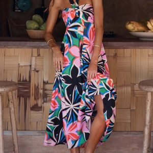 Women Floral Halter Sleeveless Comfy Vacation Maxi Dress, Maxi, color:Red-black|size:XL, catalog Noracora shop