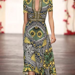 Vacation Regular Fit Short Sleeve Notched Midi Dress, Midi Dresses, color:As Picture|size:XXL, Stylewe