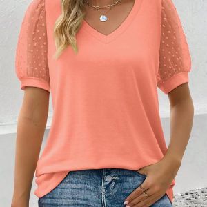 V Neck Short Sleeve Plain Regular Micro-Elasticity Loose Shirt For Women, Blouses, color:Pink|size:XXL, catalog Noracora shop