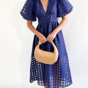 Women Plain V Neck Short Sleeve Comfy Casual Maxi Dress, Midi, color:Navyblue|size:XL, catalog Noracora shop