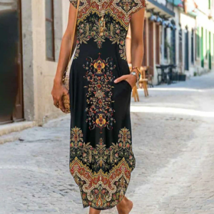 Women Nationality/ethnic Crew Neck Short Sleeve Comfy Casual Pocket Stitching Maxi Dress, Maxi, color:Black|size:XXL, catalog Noracora shop