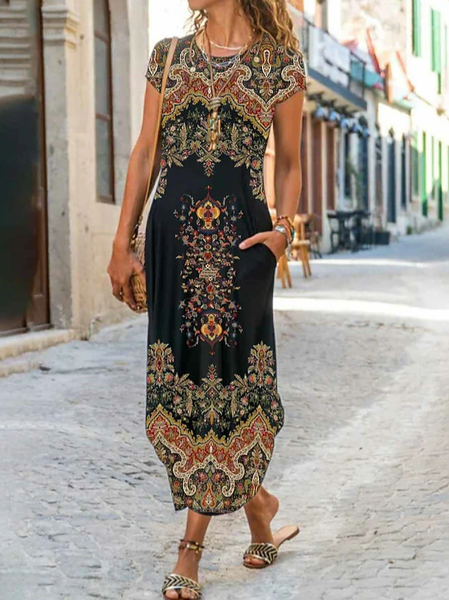 Women's Short Sleeve Summer Ethnic Boho Pocket Stitching Crew Neck Daily Going Out Casual Maxi H-Line T-Shirt Dress Dress Black, JustFashionNow Dresses, color:Black|size:XXL,