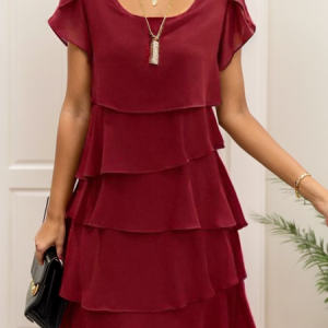 Women Plain Crew Neck Short Sleeve Comfy Simple Folds Midi Dress, Midi, color:Wine Red|size:5XL, catalog Noracora shop