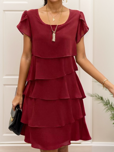 Women's Short Sleeve Summer Plain Folds Chiffon Crew Neck Party Going Out Simple Midi H-Line Pink Dress, JustFashionNow Dresses, color:Wine Red|size:5XL,