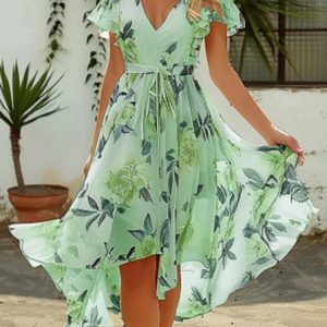 Women's Short Sleeve Summer Floral Dress V Neck Daily Going Out Vacation Midi A-Line, JustFashionNow Dresses, color:Green|size:XXL,