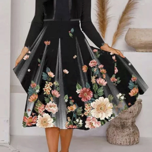 Women Floral Crew Neck Long Sleeve Comfy Casual Midi Dress, Dresses, color:Black|size:3XL, catalog Noracora shop