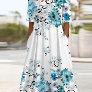 Women Floral V Neck Half Sleeve Comfy Casual Cross Midi Dress, Maxi, color:Blue|size:XXL, catalog Noracora shop