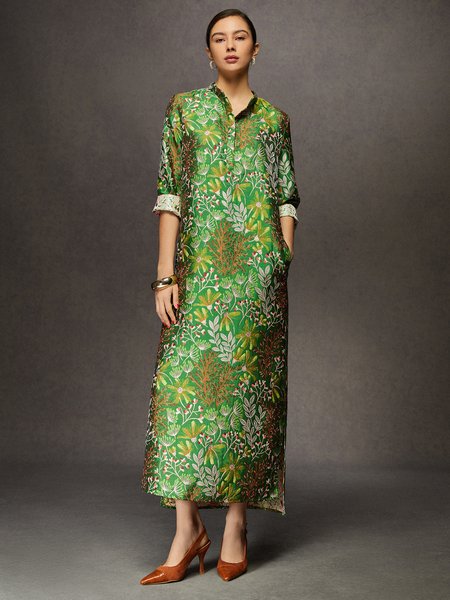 Elegant Satin Jacquard Slit Midi Dress with Pocket, Maxi Dresses, color:As Picture|size:XXL, Stylewe