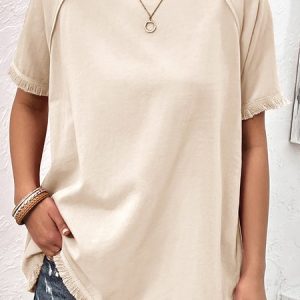 Crew Neck Short Sleeve Plain Regular Micro-Elasticity Regular Fit Shirt For Women, Blouses, color:Apricot|size:XL, catalog Noracora shop