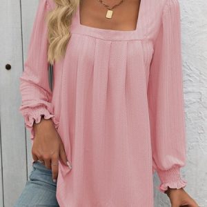 Square Neck Long Sleeve Plain Regular Micro-Elasticity Loose Blouse For Women, Blouses, color:Pink|size:XXL, catalog Noracora shop