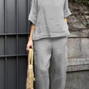 Women Plain Crew Neck Three Quarter Sleeve Comfy Casual Top With Pants Two-Piece Set, Sets, color:Gray|size:5XL, catalog Noracora shop