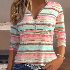 V Neck Long Sleeve Striped Regular Micro-Elasticity Loose Blouse For Women, T-shirts, color:Pink|size:XXL, catalog Noracora shop