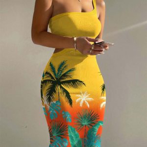 Ombre Tropical Print One Shoulder Sleeveless Cutout Bodycon Dress, women Bodycon Dresses, ChicMe catalog