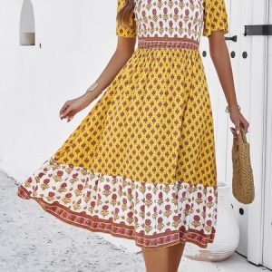 Women Color Block Crew Neck Short Sleeve Comfy Casual Midi Dress, Dresses, color:Yellow|size:XL, catalog Noracora shop