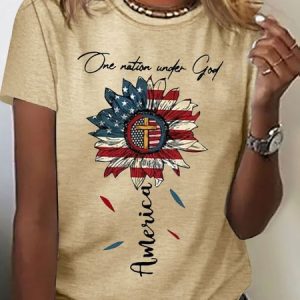 Women's Short Sleeve Tee T-shirt Summer America Flag Cotton Crew Neck Daily Going Out Casual Top Black, JustFashionNow T-Shirts, color:Khaki|size:3XL,