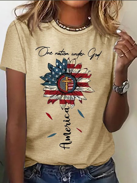 Women's Short Sleeve Tee T-shirt Summer America Flag Cotton Crew Neck Daily Going Out Casual Top Black, JustFashionNow T-Shirts, color:Khaki|size:3XL,