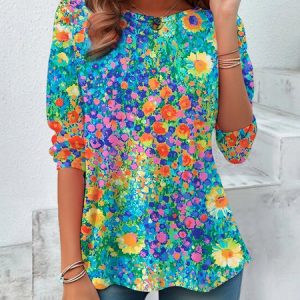 Women's Long Sleeve Tee T-shirt Spring/Fall Floral Jersey Crew Neck Daily Going Out Casual Top Blue, JustFashionNow Blouses, color:Blue|size:XXL